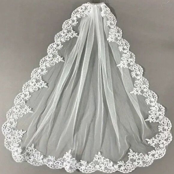 Embroidered Lace and Gems Edge Fingertip Bridal Wedding Veil White With Comb - Picture 6 of 8